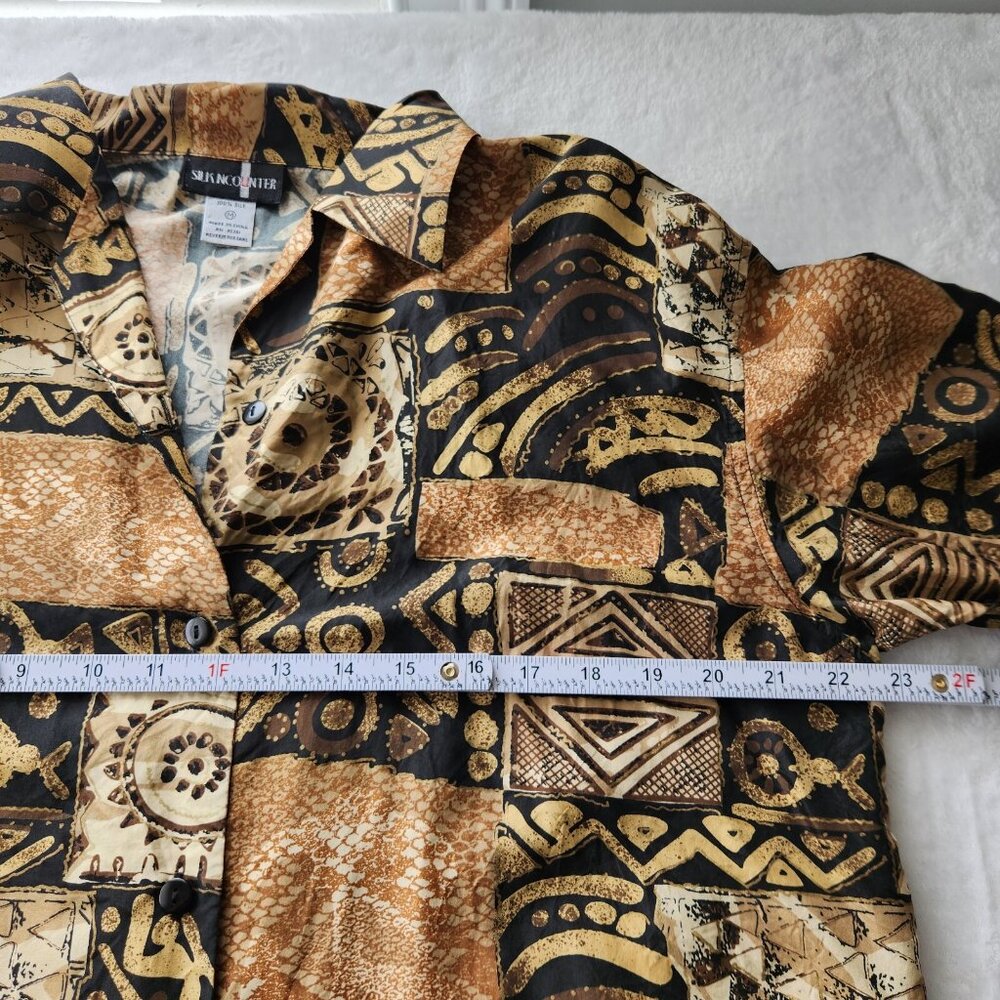 Vintage Gold Silk Blouse Medium Tribal Print Funky Multi Silk Ncounters 80s 90s - Picture 11 of 14